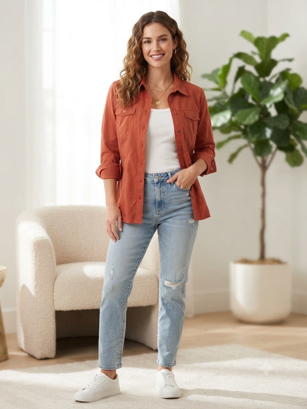 Classic Button-Down Shirt Jacket in Rust